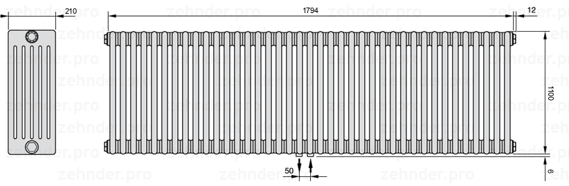 Схема (чертеж) Радиатор Zehnder Charleston 6110/39 №5410 Белый глянцевый RAL 9016